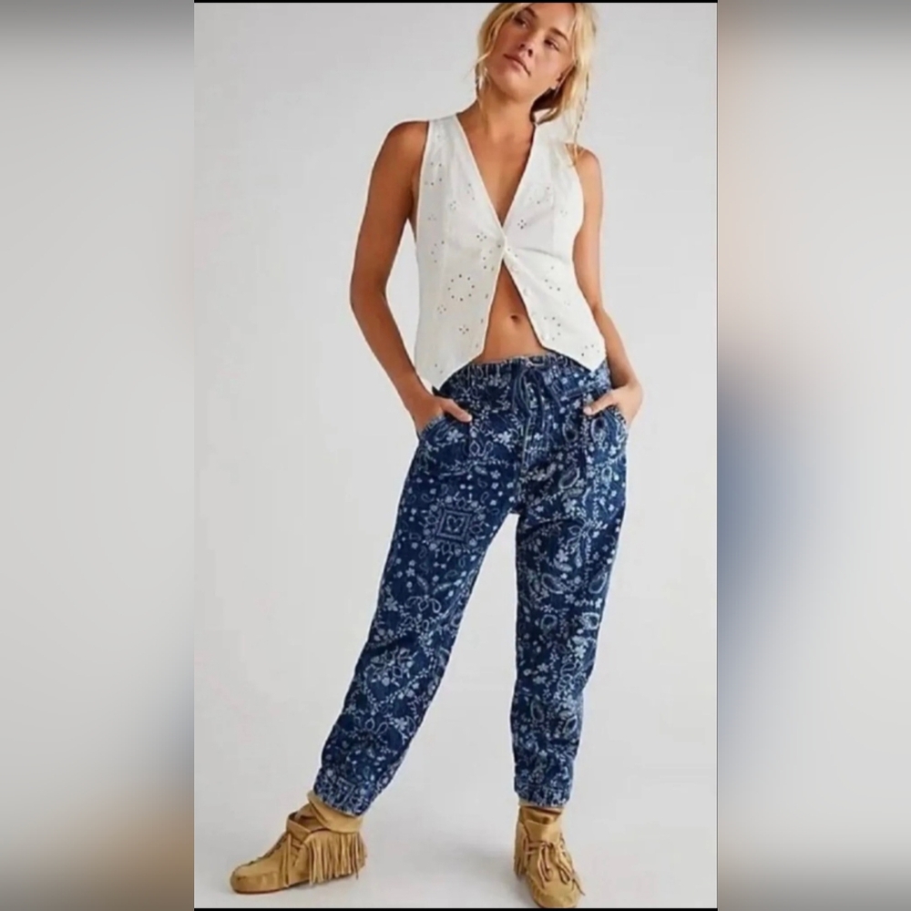 Free People Mixed Up Printed Utility Drawstring Jean